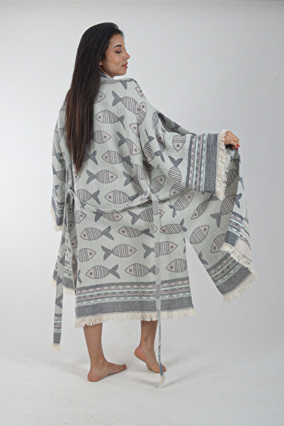 REİNA TEKS Kimono Kaftan Fish Patterned 1 Piece Bohemian Bathrobe Unisex Jacquard 3 Layers Muslin Fabric