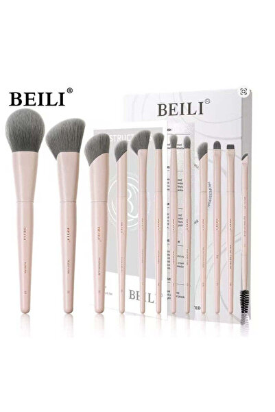 BEILI Pink Cream 12 Makeup Brushes Set + Cylindrical Holder + Sponge