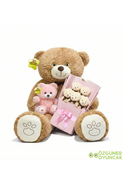 Özgüner Oyuncak Love-Filled Gift Set – 120 cm Giant Plush Bear, 25 cm Plush Teddy Bear and Plush Bouquet