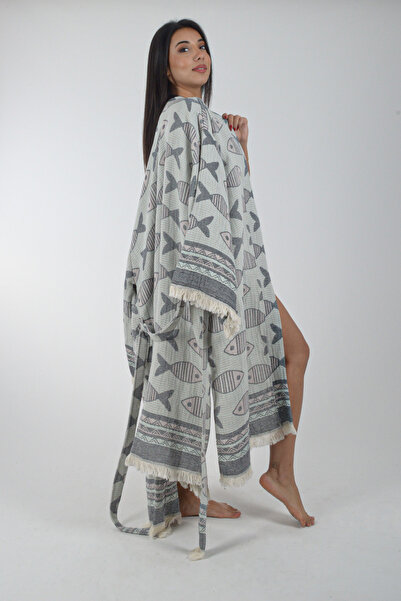 REİNA TEKS Kimono Kaftan Fish Patterned 1 Piece Bohemian Bathrobe Unisex Jacquard 3 Layers Muslin Fabric