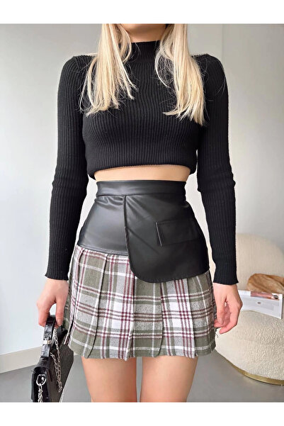 Zerenyus Leather Trimmed Plaid Skirt with Pockets Black