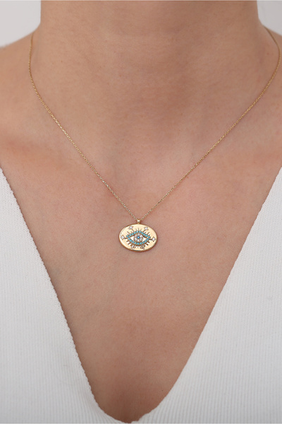 Bayar Gold 14 Ayar Altın Turkuaz Taşlı Göz Kolye