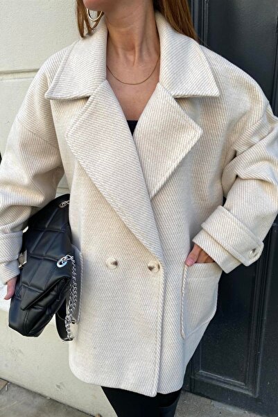 Suziş Stone Color Striped Oversized Standard Size Coat 9247