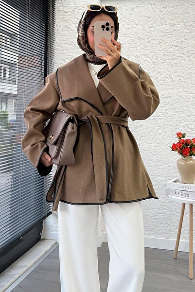 MELEK ARAZ Δερμάτινο με ρέλι Καστελάκι Γυναικείο Μπουφάν – Καφέ