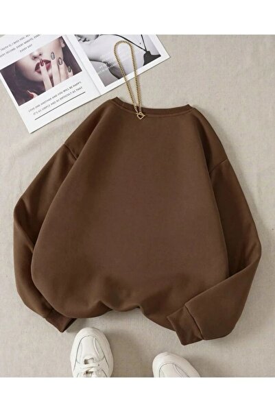 PALPİTO Women's Brown Deer Christmas Printed Crew Neck Oversized Sweatshirt