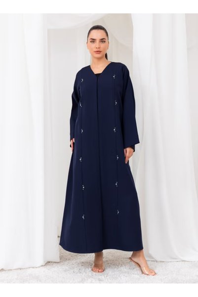 Nikias Abaya Navy Blue Crepe Abaya With Beads Work