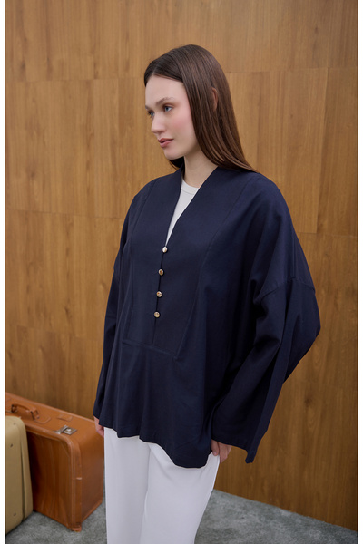 Birgül Bektaş Navy Blue Button Detailed Front Blouse