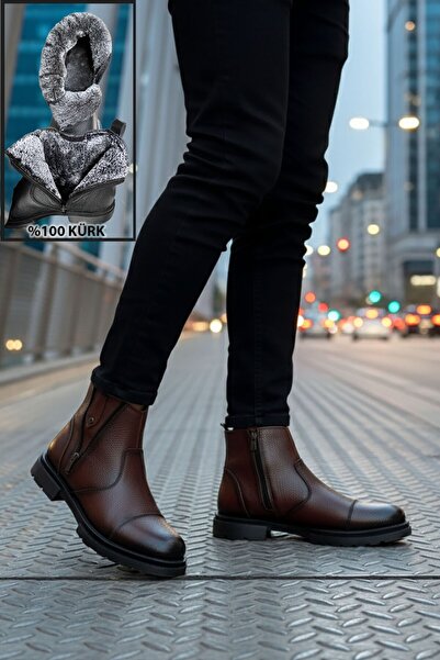 BIG KING Fur Lined Zippered Chelsea Genuine Leather Men's Boots