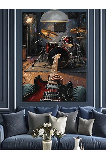 Tablo Mega Elektro Gitar ve Bateri Davul Seti Dekoratif Kanvas - Mdf Ahşap Tablo