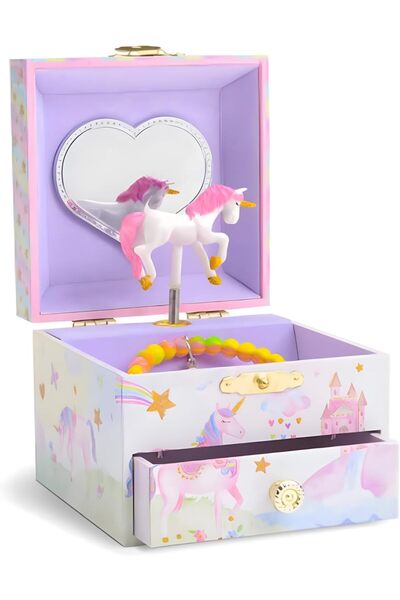 Jewelkeeper صندوق مجوهرات موسيقي بتصميم وحيد القرن الدوار وقوس قزح لامع ونجوم