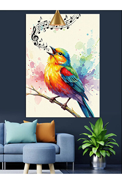 KanvasSepeti Notă muzicală cu pasăre colorată Pictură în ulei de înaltă calit...