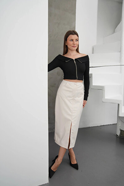 Zerenyus Slit Long Leather Skirt Cream