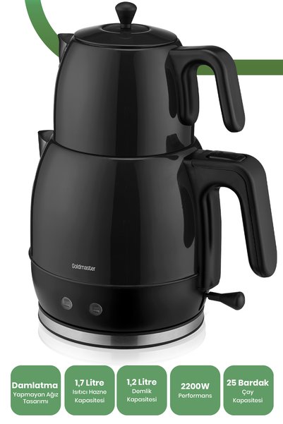 GOLDMASTER Inoxx Siyah 30 Bardaklık Geniş Kapasiteli 2200 Watt Paslanmaz Çelik Çay Makinesi Ve Su Isıtıcısı