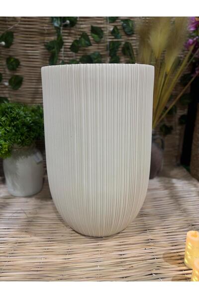 Ekodoğa 64 Cm Uzun Krem Çizgili Silindir Hafif Beton Saksı
