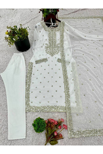 MYSMAR White Georgette Kameez Salwar & Dupatta - HRT4056 | White