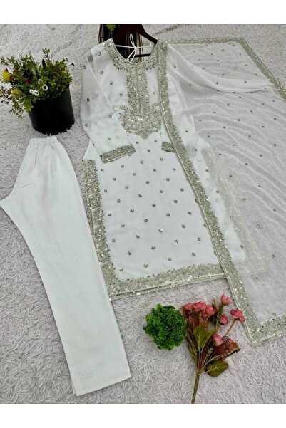 MYSMAR White Georgette Kameez Salwar & Dupatta - HRT4056 | White