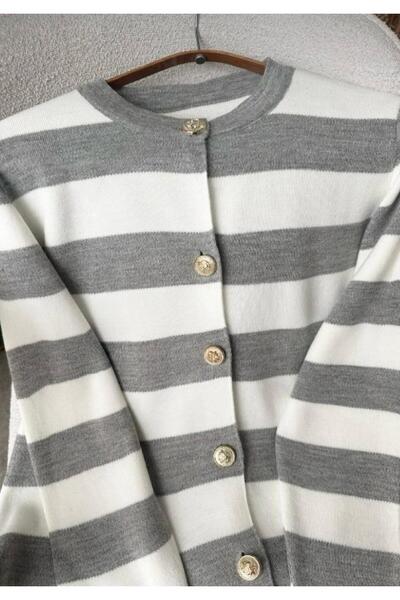 hedef giyim Striped Buttoned Crew Neck Knit Cardigan