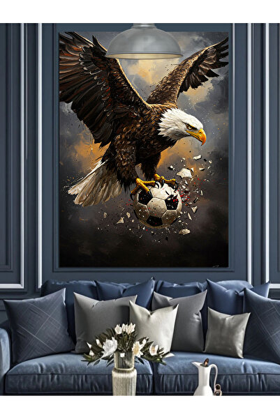 Artmeg Futbol Topuyla Uçan Kara Kartal Dekoratif Kanvas - Mdf Ahşap Tablo