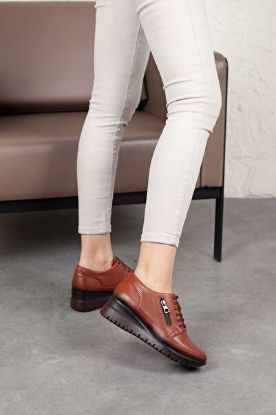 DERİMİSS Women's Genuine Leather Accessory Zippered and Laced Comfort Shoes