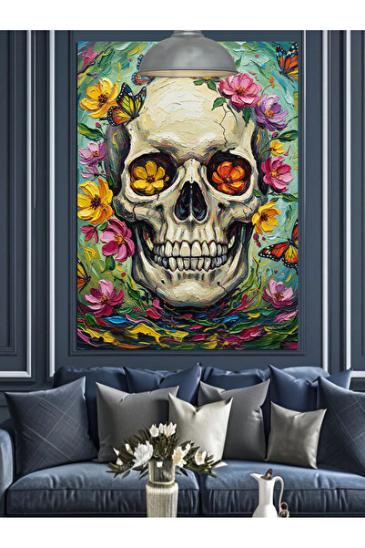 KanvasSepeti Craniu cu flori Pictură în ulei de înaltă calitate texturat Pânz...