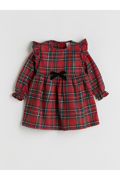 LC Waikiki Baby Red Crew Neck Plaid Baby Girl Dress