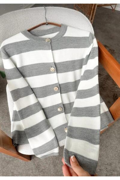 hedef giyim Striped Buttoned Crew Neck Knit Cardigan