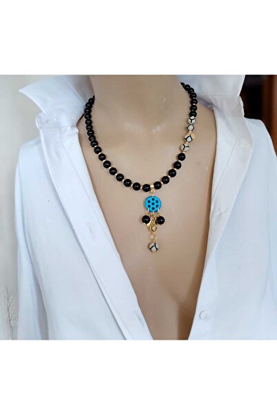 shop Luna Yeşil Tibet Akiği Lav Taşı Siyah Oniks Süryani Cam Boncuk Detaylı T...