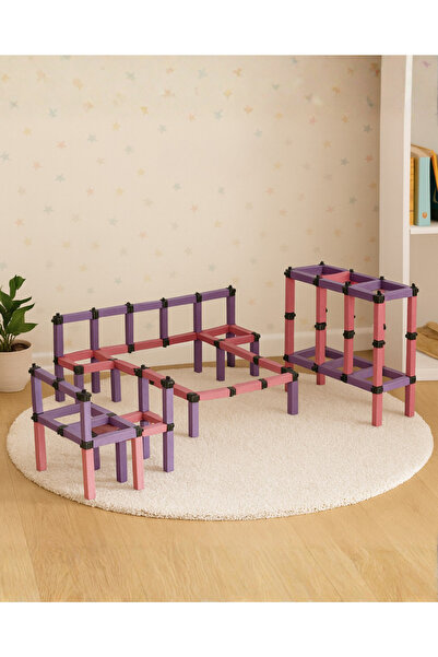 Woodika Toys Woodika Eğitici Ahşap Bloklar - Pembe Mor Ahşap Yatak Odası Mobi...
