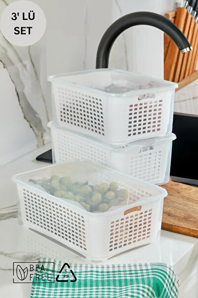 espashome Storage Container with Strainer and Leak-Proof Lid 5 Lt - 3 Pieces - White