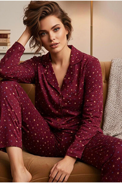 Siyah İnci Burgundy Star Patterned Knitted Buttoned Cotton Pajama Set 7976