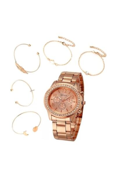 KERNOWSUN Set 6-piece Jewelry Set Rose Gold - Women's Watch & Bracelets