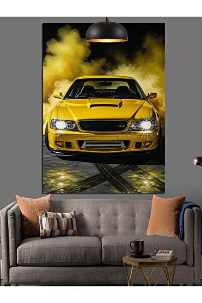 KanvasSepeti Mașină sport galbenă Pictură în ulei de înaltă calitate texturat...