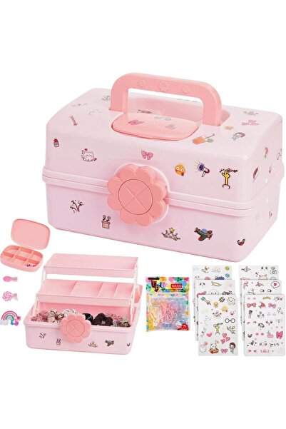 The Bros Cute Hair Accessories Organizer for Girls, 3-Layer Pink Storage Box with Handle