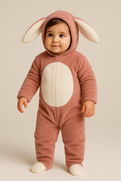 BONY SOCKS Kız Bebek Tavşan Kulaklı Kapüşonlu Peluş Tulum Pembe