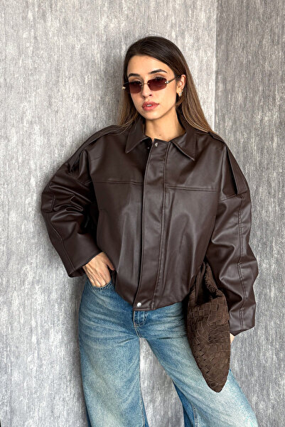 ModaPlaza Women's Oversized Leather Coat with Elastic Bottom 1055