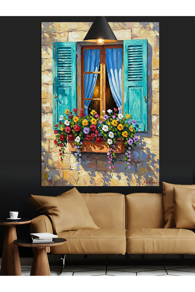Tablo Mega Pencere Önünde Çiçek Saksıları Dekoratif Kanvas - Mdf Ahşap Tablo