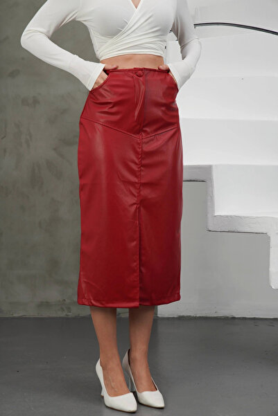 Zerenyus Slit Long Leather Skirt Burgundy