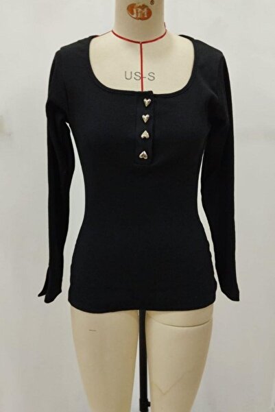 Mossta Μπλούζα με κουμπιά με μακριά μανίκια πλέξη ριμπ - Μαύρο