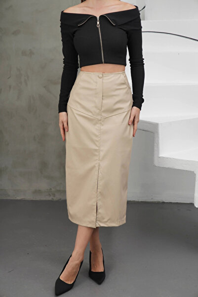 Zerenyus Slit Long Leather Skirt Beige