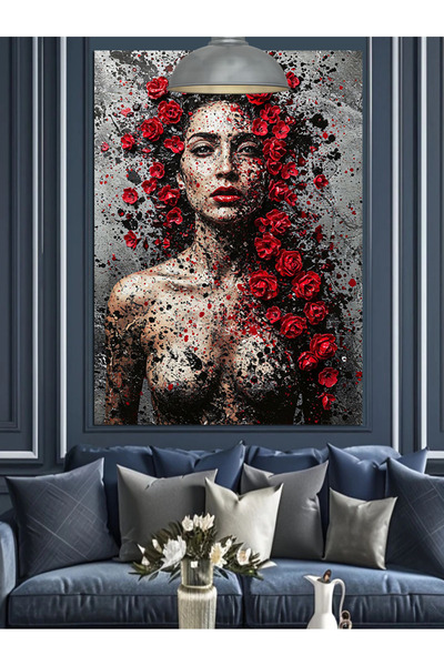 Tablo Mega Kırmızı Çiçek Saçlı Çıplak Kadın Dekoratif Kanvas - Mdf Ahşap Tablo
