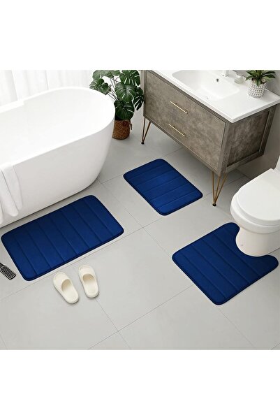 JZS Memory Foam Bath Mat Set 3 Pieces Non-Slip Absorbent Machine Wash Blue