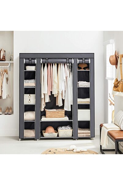 SONGMICS Textile Wardrobe Portable Closet with Shelves and Hanging Rail 150x45x175 cm, Grey