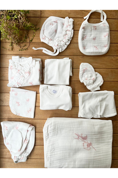 Zıpır %100 Pamuk Yenidoğan Kız Bebek Hastane Çıkış Seti 10 Parça – Müslin Pembe