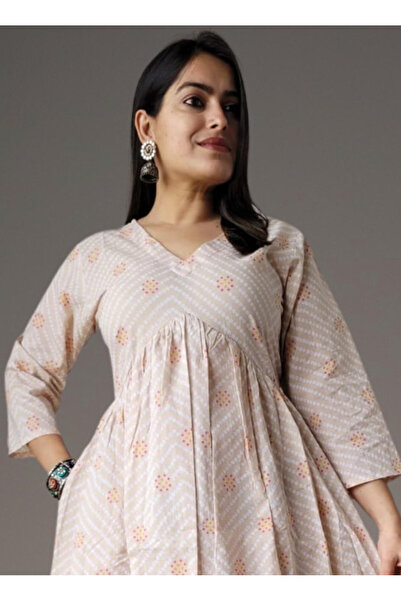 IndHeritage Premium pure cotton beige colour dress with abstract baghru print for women - Indo Western wear