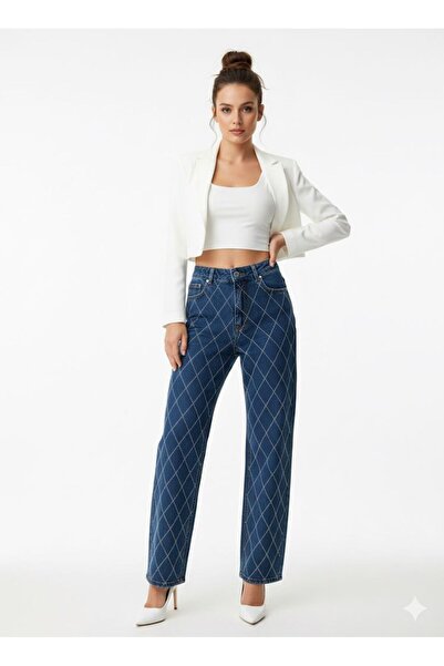 nd jeans Women's Jeans - Premium Baklava Patterned Stoned Palazzo Lilralı Jeans