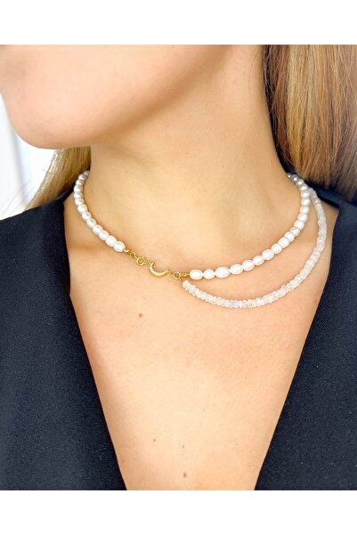Moonlight Jewelry Colier „Semiperlă de Lună” – Piatră Lunii și Perle de Cultură