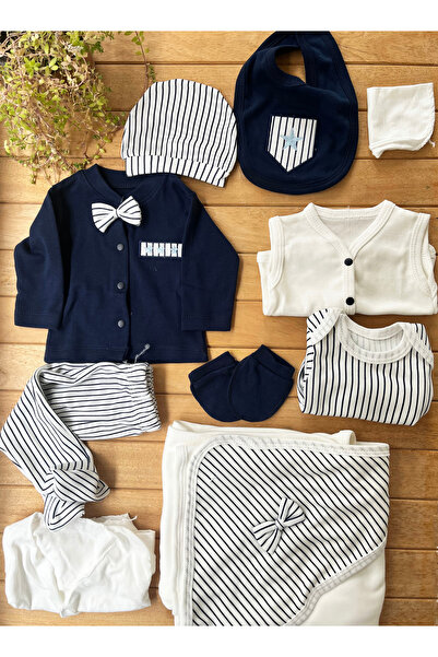 BABY ZUHU %100 Pamuk Yenidoğan Erkek Bebek Hastane Çıkış Seti 10 Parça – Çizg...