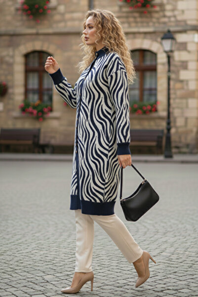 benguen Patterned Hijab Cardigan N3286 Navy Blue