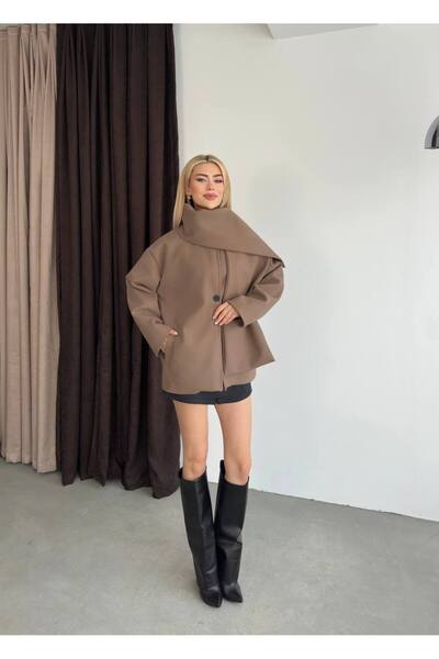 ParlaMira Women's Mink Shawl Detailed Cotton Textured Premium Cashmere Coat