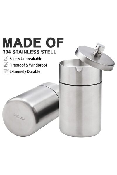 JZS Stainless Steel Car Ashtray with Lid - Smell Proof, Portable, Detachable, Windproof (Silver)